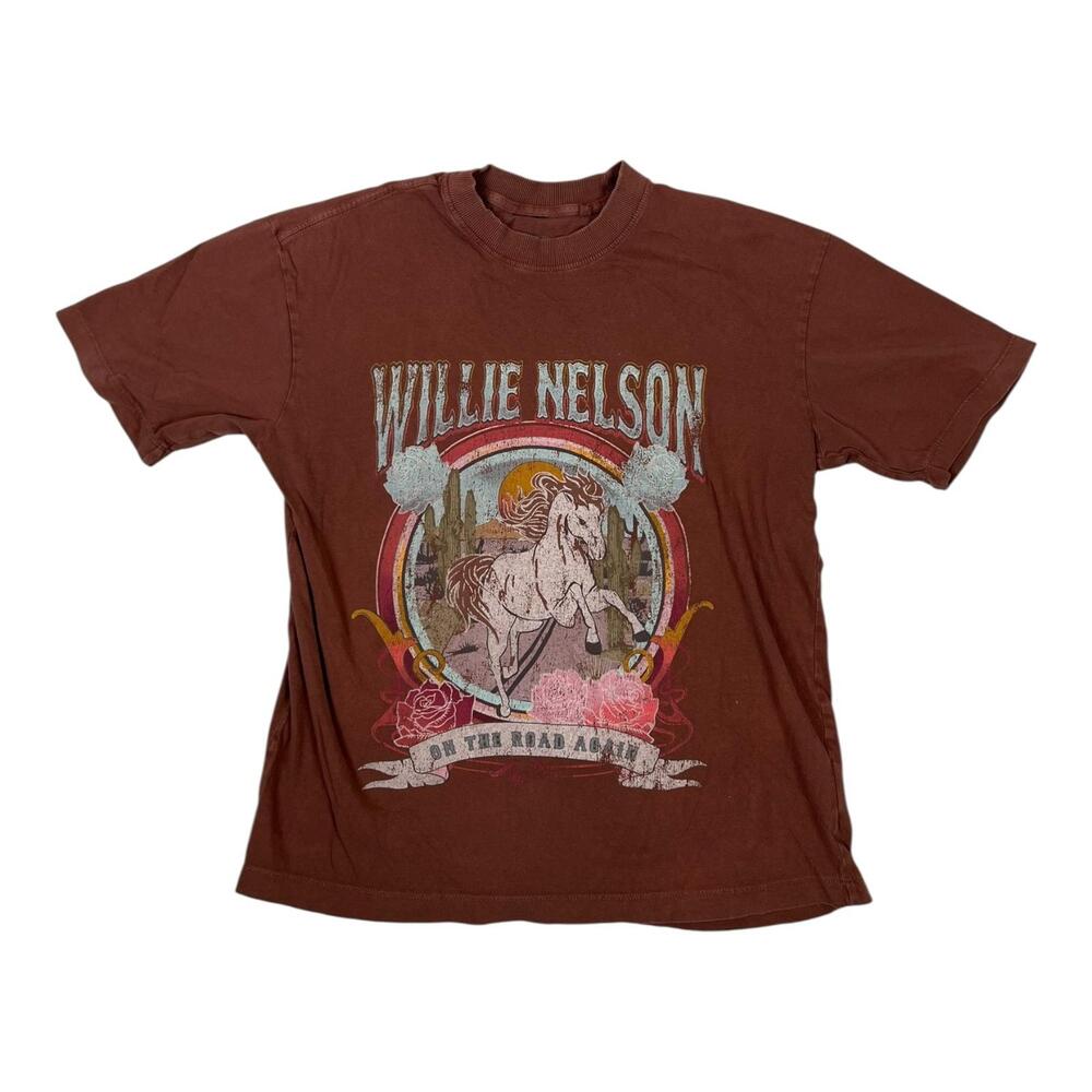 Willie Nelson Cotton On T-Shirt Womens XXS Brown On The Road Again Western